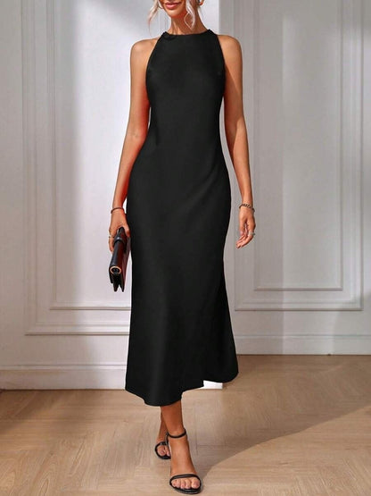 Satin Dress Women Clothing Spring Summer Sleeveless Split Satin Imitation Silk Maxi Dress