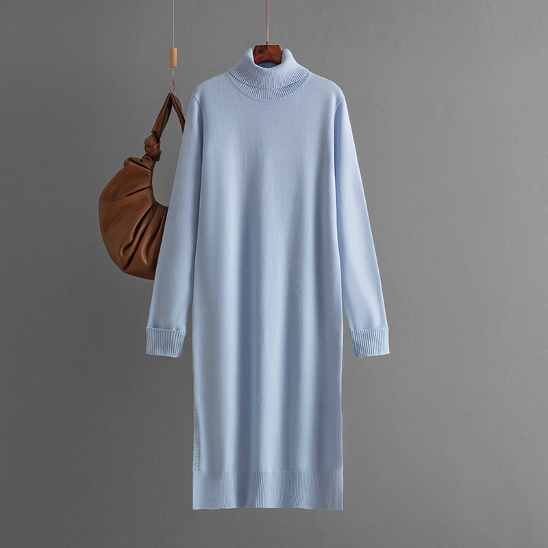Women Clothing Autumn Winter Casual Solid Color Turtleneck Knitting Sweater Slit Bottoming Dress