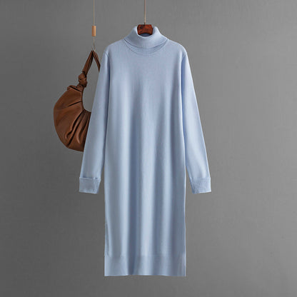 Women Clothing Autumn Winter Casual Solid Color Turtleneck Knitting Sweater Slit Bottoming Dress