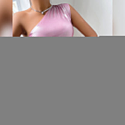 Women One Shoulder Asymmetric Metallic Sheath Sexy Night Club Sleeveless Dress