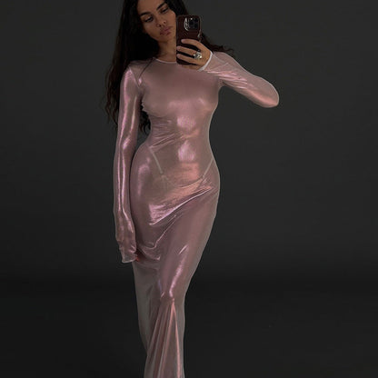 Autumn Winter Women round Neck Long Sleeve Sexy See through High Waist Figure Flattering Sheath Dress