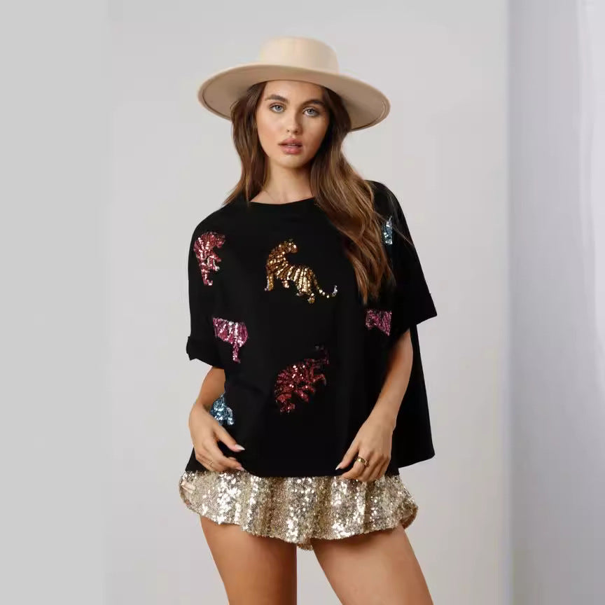 Spring Summer Tiger Sequined Top Casual Loose Fitting T shirt Women