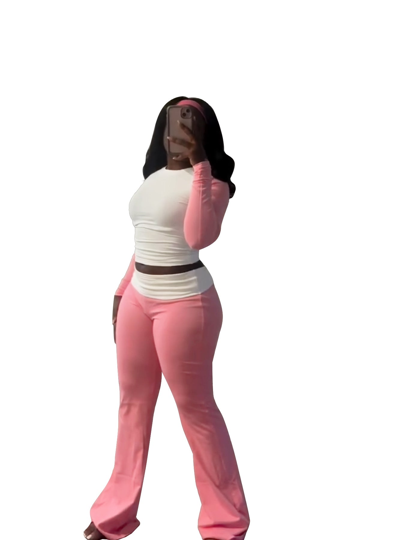 Women Clothing Contrast Color Tight High Waist Fold Slim Trousers Fleece Lined Two Piece Sets
