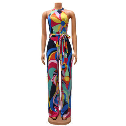 Summer Women Clothing Printed Sexy Sleeveless Lace up Jumpsuit Trousers for Women