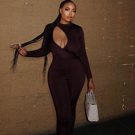 Elegant Women Wear Tight Fitting Solid Color Micro Elastic Jumpsuit Long Sleeved Trousers Hollow Out Cutout Mid Waist Thin Jumpsuit