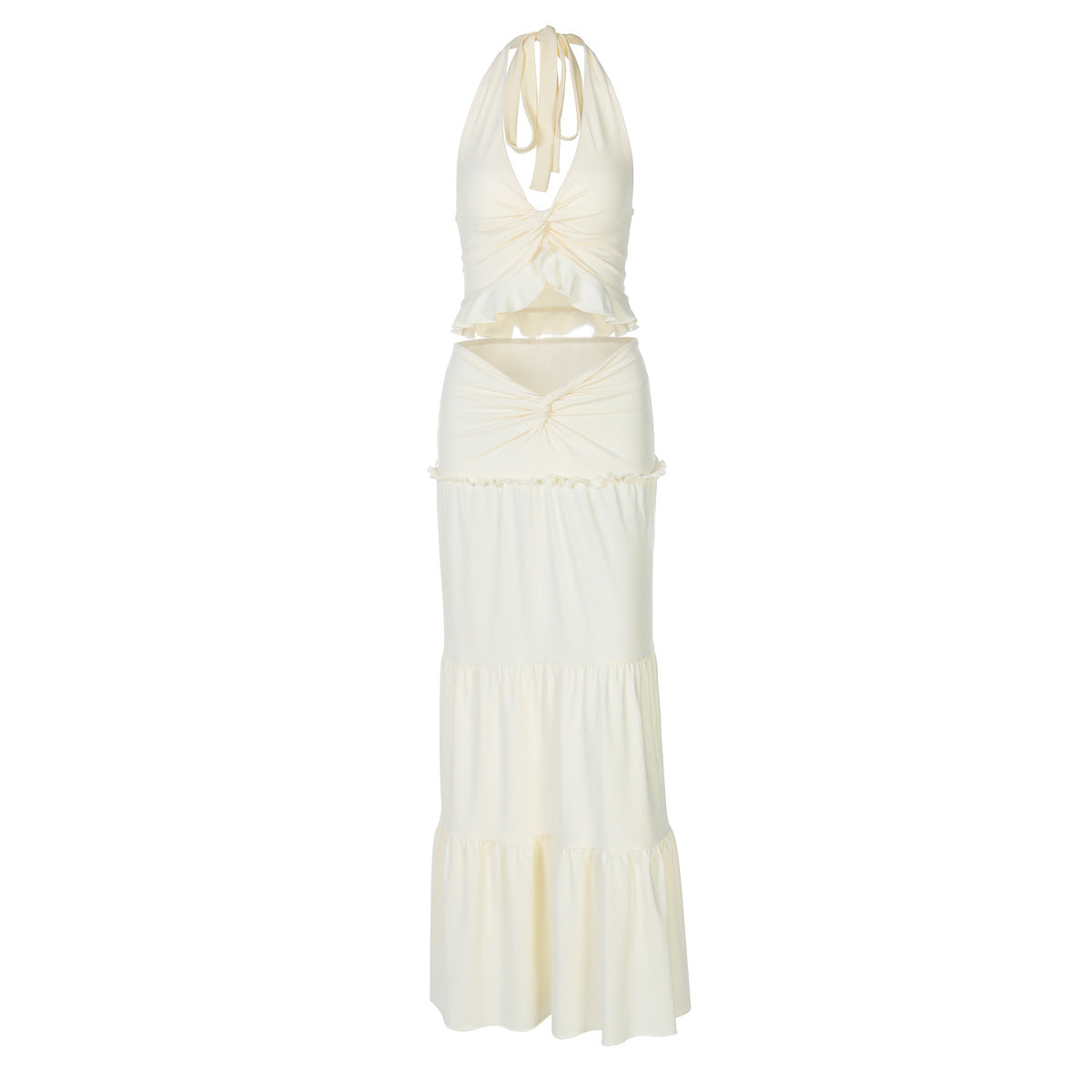 Women Clothing Winter Sexy V neck Ruffled Halter Spaghetti Straps Detail Twisted Skirt Set Women