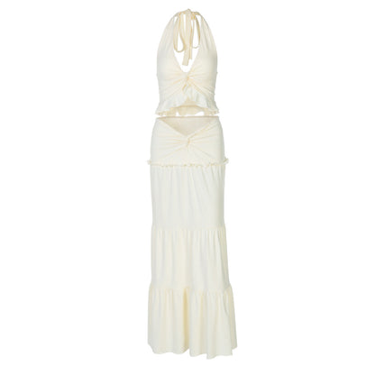Women Clothing Winter Sexy V neck Ruffled Halter Spaghetti Straps Detail Twisted Skirt Set Women