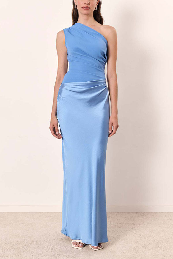 Kaia Satin Contrast Fabric Patchwork One Shoulder Ruched Maxi Dress