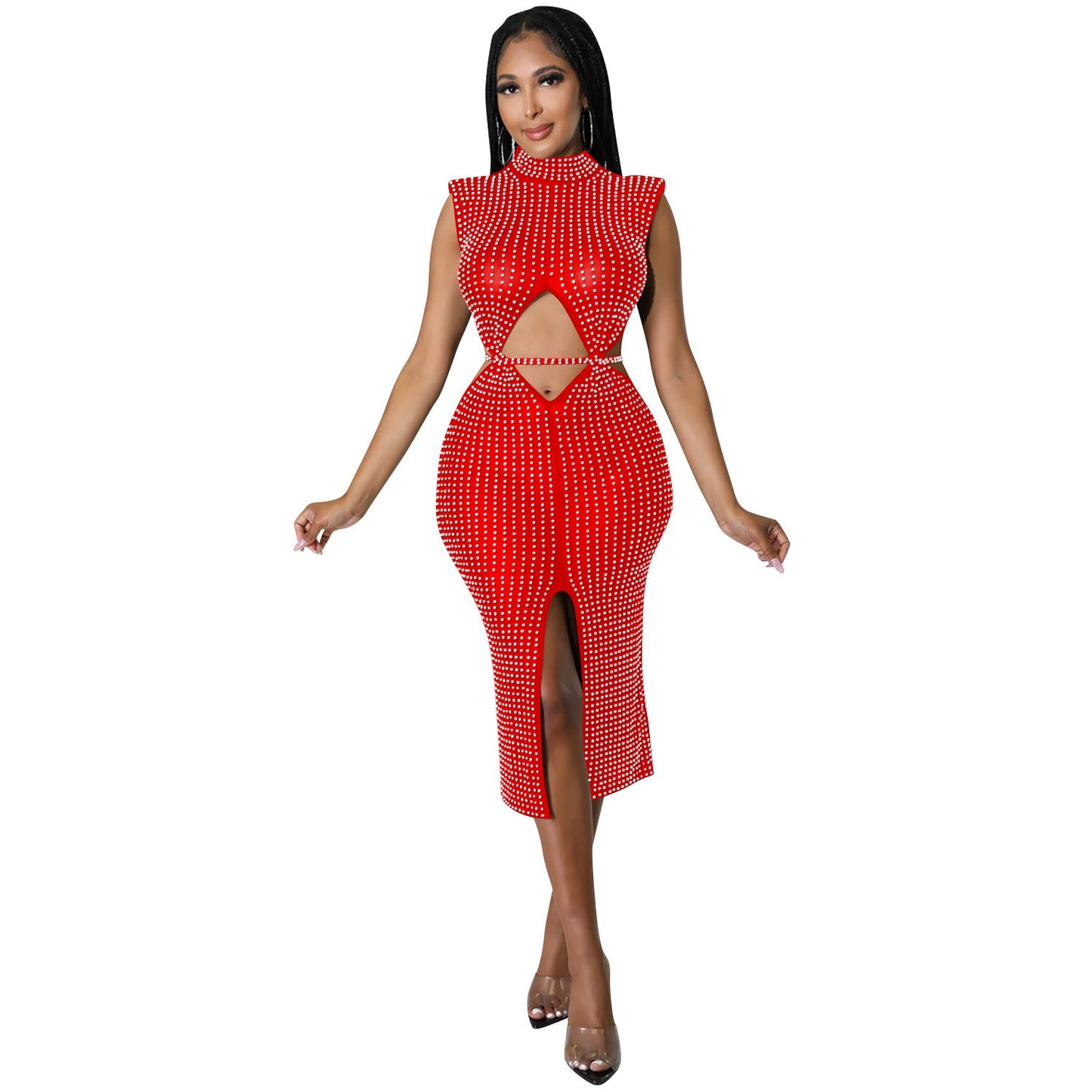 Sexy Mesh See through Rhinestone Hollow Out Cutout Split Dress Women Clothing