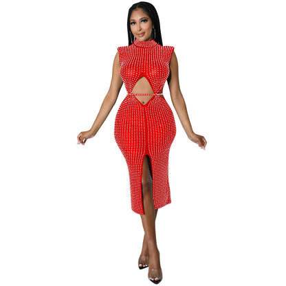 Sexy Mesh See through Rhinestone Hollow Out Cutout Split Dress Women Clothing