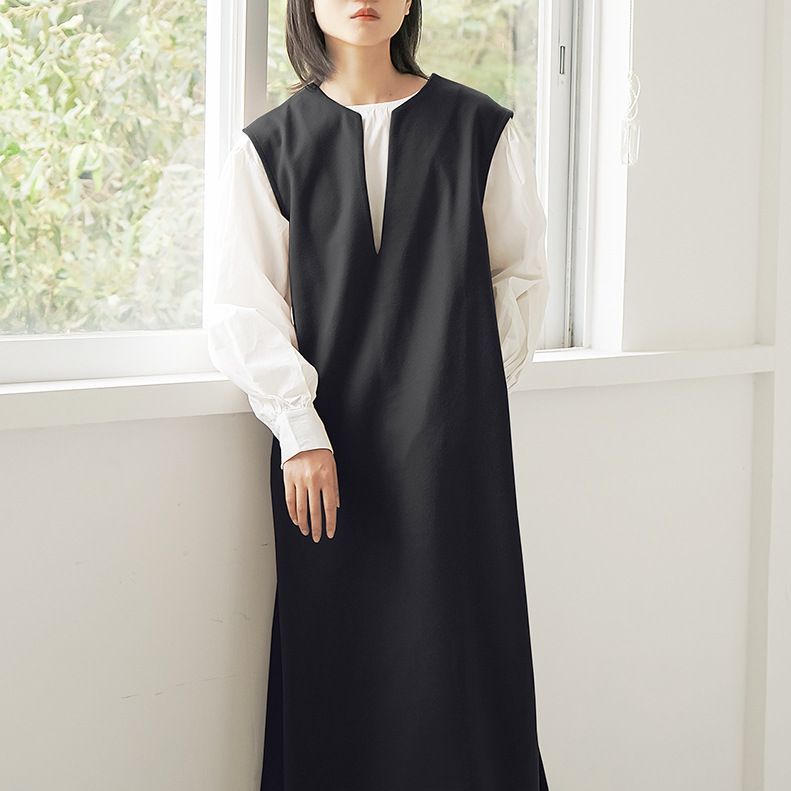 Real Shot Letian Autumn Winter 4 Color Woolen Coat Women V neck Solid Color Sleeveless Waistcoat Dress Outer Wear