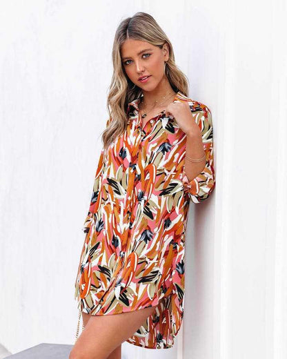Autumn Long Sleeve Collared Print Loose Shirt Dress