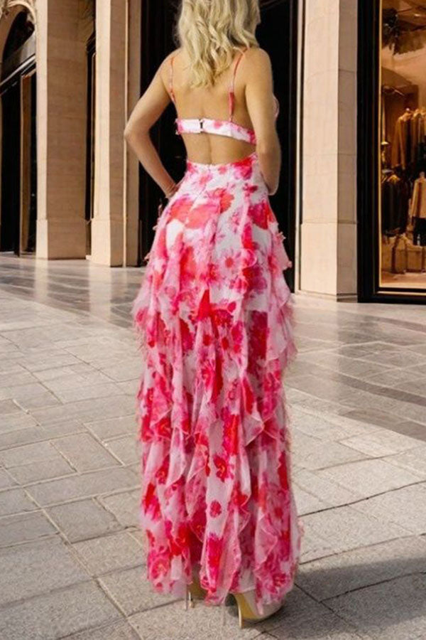 Millie | Floral Ruffle Long Skirt Women's Fashion Chiffon Printed Fairy Style Long Style Evening Dress Coupon