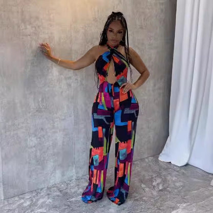 Sexy Printed Cross Halterneck Backless Stretch Slim Fit Bodysuit