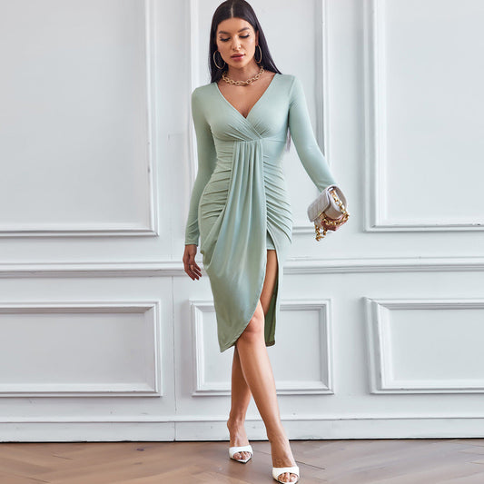 Autumn Winter Casual Elegant Slim Fit Sheath Long Sleeve V neck Knitted Dress