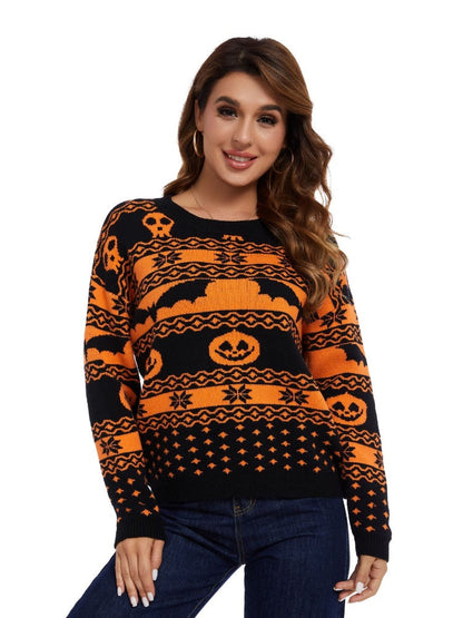 Suéter de punto con cuello redondo y estampado de calabaza de Halloween 