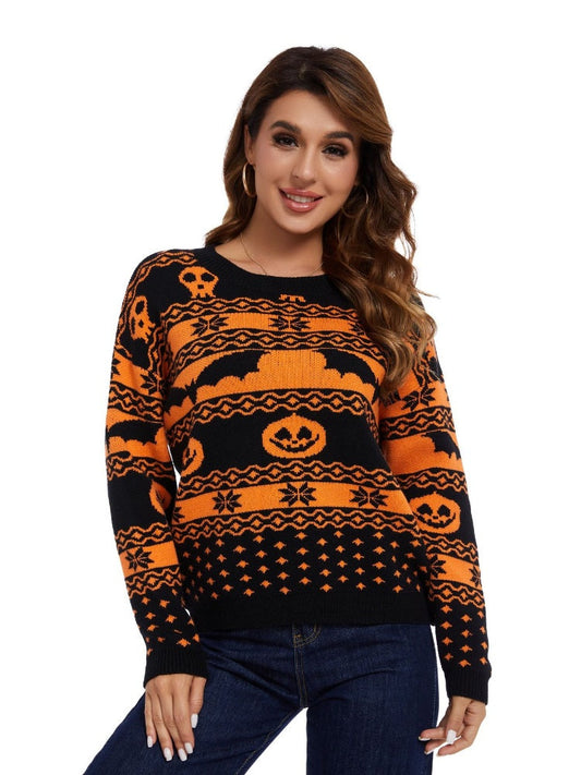 Suéter de punto con cuello redondo y estampado de calabaza de Halloween 