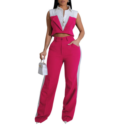 Women Clothing Shirt Sleeveless Summer Two Piece Set Faux Two Pieces Office