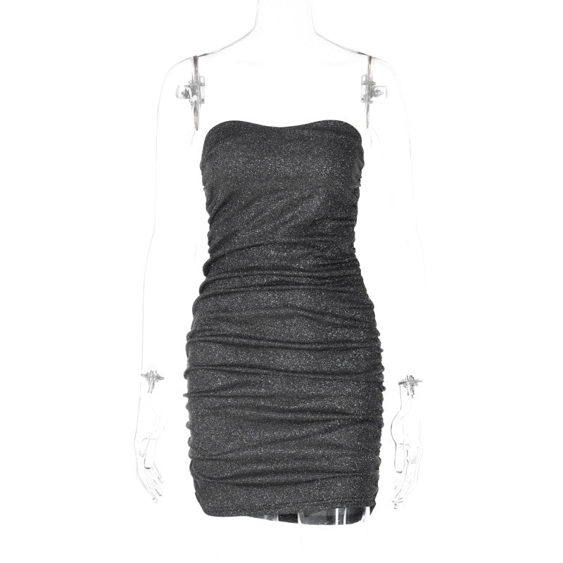 Women Clothing Spring Sexy V neck Tube Top Backless Pleated Dress