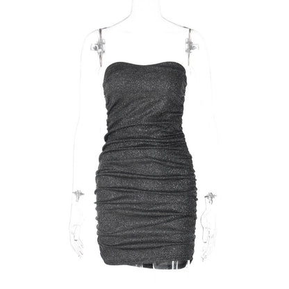 Women Clothing Spring Sexy V neck Tube Top Backless Pleated Dress