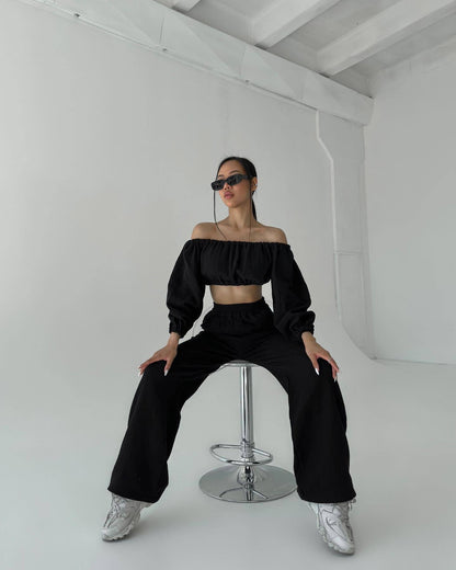 Two Piece Women Summer Pure Cotton Champray Solid Color off Neck Short Sleeved Top High Waist Wide Leg Pants Casual Suit