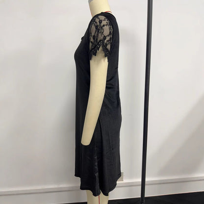 Winter Women Clothing Lace Short Sleeve Slim Fit Solid Color Slimming Dress