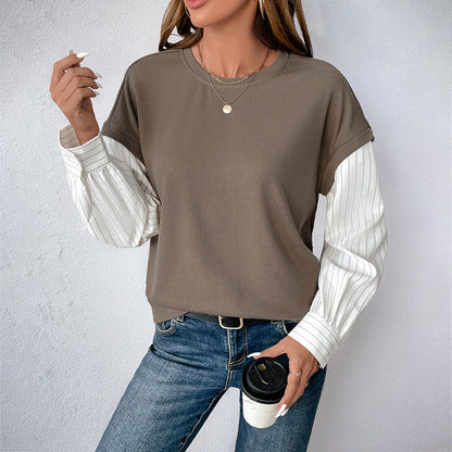 Autumn Casual Long Sleeve Faux Two Piece Color Matching Knitted round Neck Sweatshirt