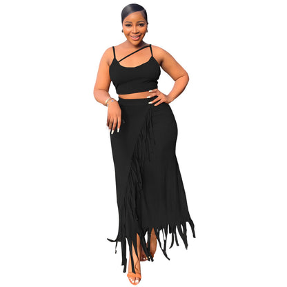 Sleeveless Cropped Short Vest Small Pit High Waist Tassel Dress Two Piece Set