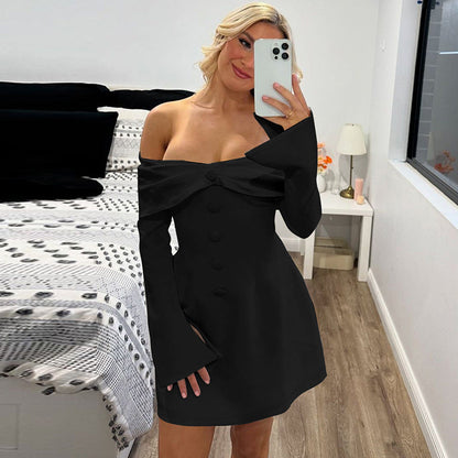 Women Clothing Sexy off Neck off the Shoulder Flared Sleeves Waist Slimming Short Dress