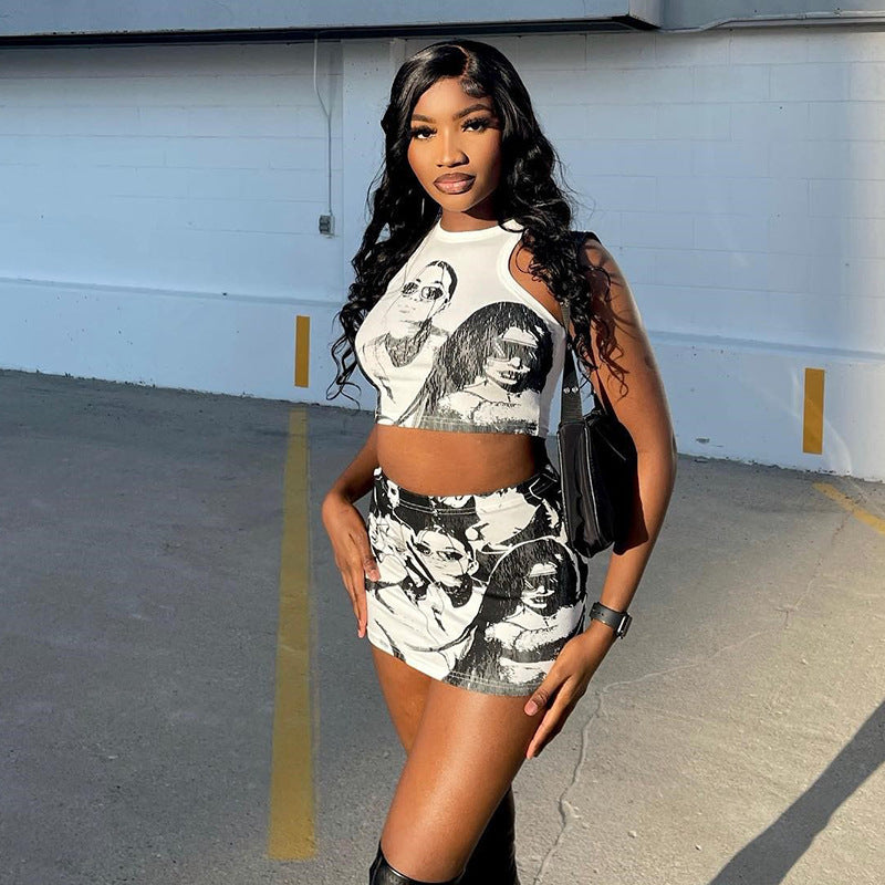 Round Neck Cartoon Printed Sleeveless Short Vest Skirt Set Women
