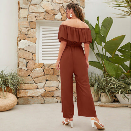 Women Clothing Summer Casual off Shoulder Ruffle Sleeve Lace up Cropped Wide Leg Pants