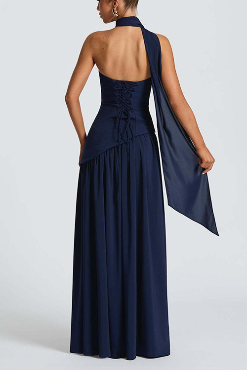  Strapless Back Lace-up High Slit Splice Maxi Dress