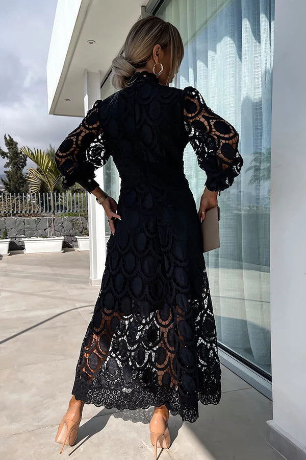 French party sensual party elegant crochet lace lantern sleeves party MIDI skirt 
