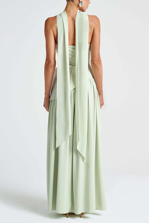  Strapless Back Lace-up High Slit Splice Maxi Dress