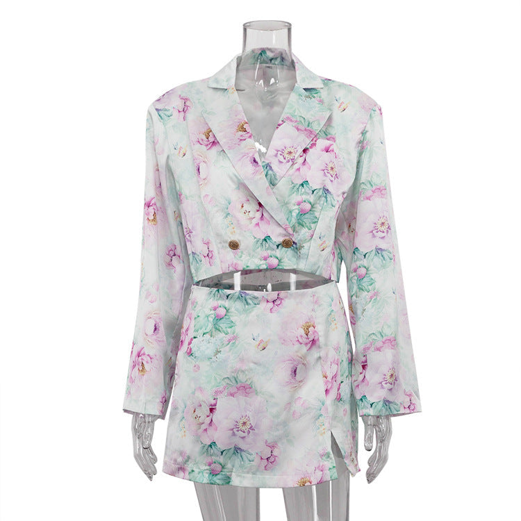 Loose Skirt Two Piece Set Long Sleeve Collared Top Printed High Waist Skirt Sets