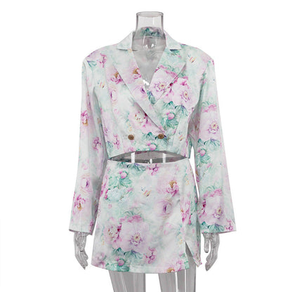 Loose Skirt Two Piece Set Long Sleeve Collared Top Printed High Waist Skirt Sets