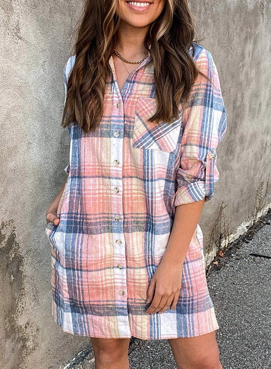 Simple Plaid Shirt Short Autumn Women Clothing Loose Single Breasted Dress