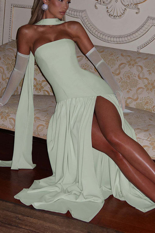  Strapless Back Lace-up High Slit Splice Maxi Dress