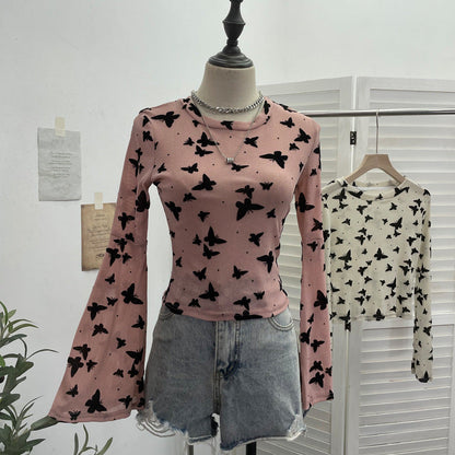 Sexy Butterfly Flocking Shiny Mesh Long Sleeve T shirt Large Bell Sleeve Short Slim Top