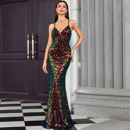 V neck Brace Evening Dress Fishtail Elegant Dress Annual Party Party Host Formal Dress Women