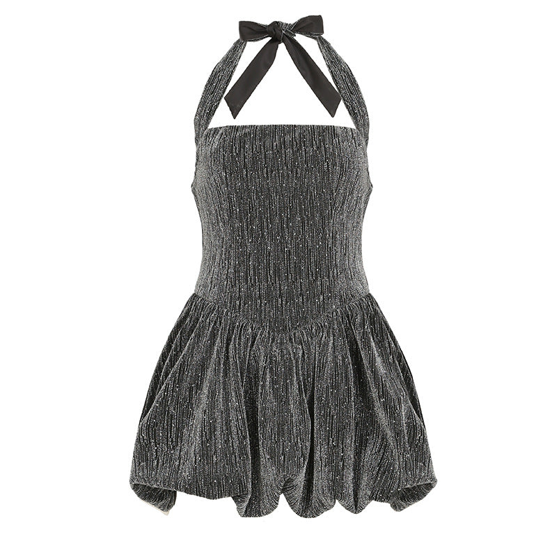 Bright Silk Thin Glittering Halter Dress Tube Top Cinched Waist A line Puffy Puffy dress