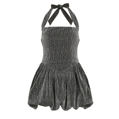 Bright Silk Thin Glittering Halter Dress Tube Top Cinched Waist A line Puffy Puffy dress