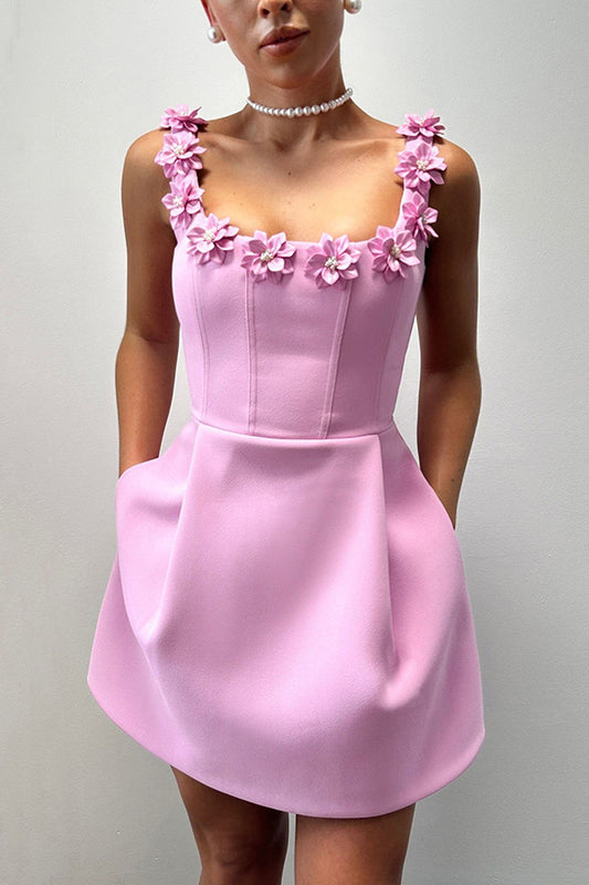 Party outfit, pearl flower decal, square strapless, sexy collar, pocket, elegant mini dress