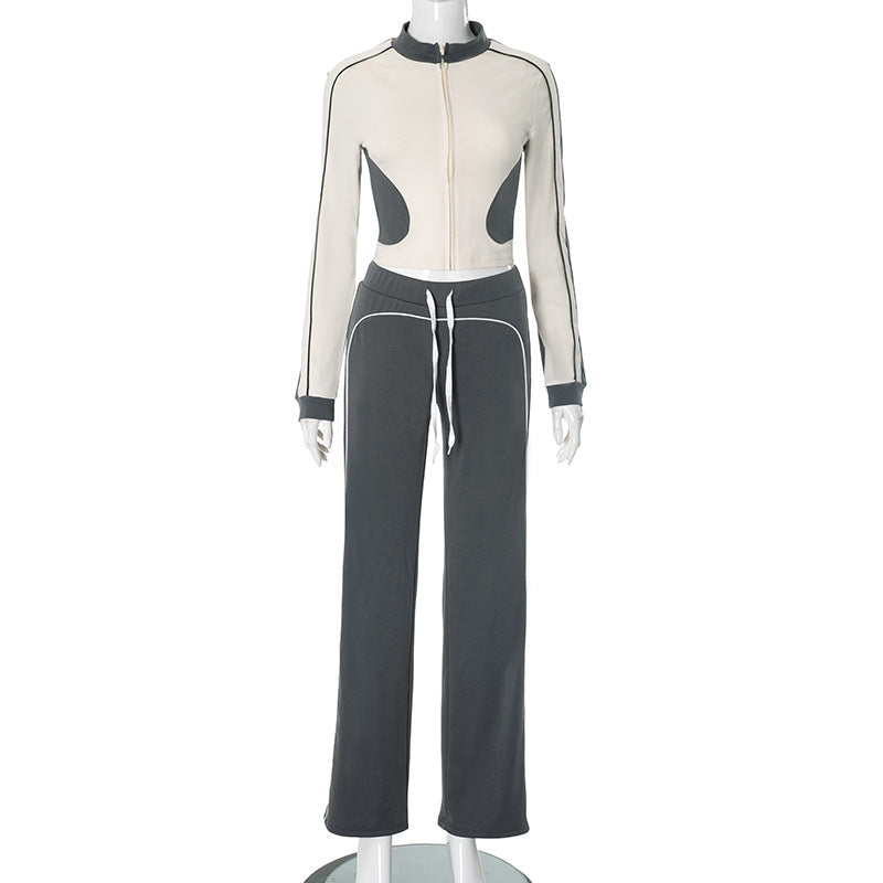 Women Clothing Autumn Winter Line Contrast Color Collarless Zipper Tighten Rope High Waist Trousers Set