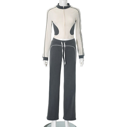 Women Clothing Autumn Winter Line Contrast Color Collarless Zipper Tighten Rope High Waist Trousers Set