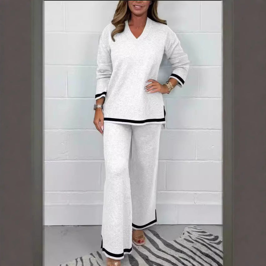 New Autumn Winter Casual Solid Color Knitted Long Sleeve Trousers Sets
