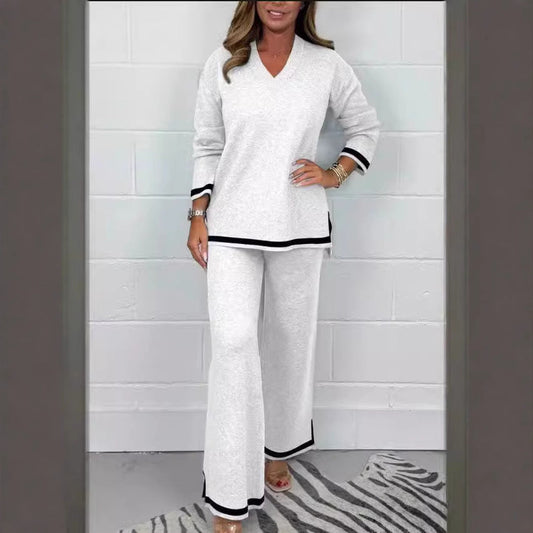 New Autumn Winter Casual Solid Color Knitted Long Sleeve Trousers Sets