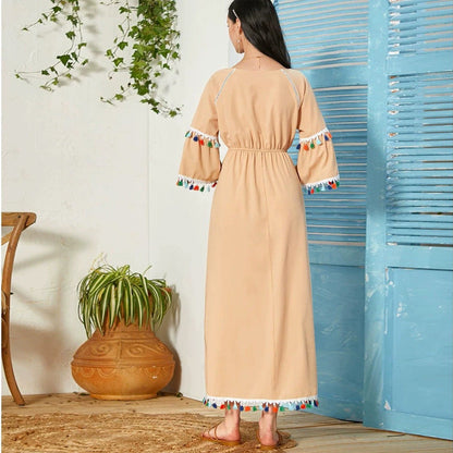 Women Clothing Round Neck Tassel Half Sleeve High Waist Long Casual Dress