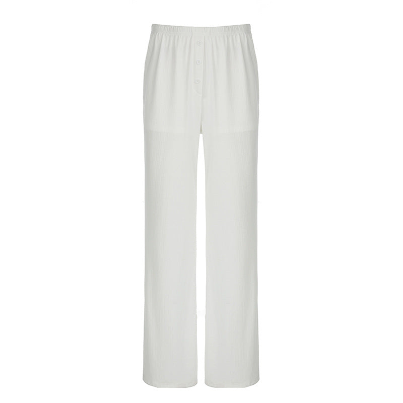 Casual Knitted Basic Breasted Long Sleeve Top Elastic Trousers Two Piece Pajamas Homewear