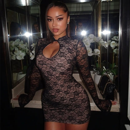 Women Clothing Spring Sexy Lace Hollow Out Cutout Slim Sheath Long Sleeve Dress Women